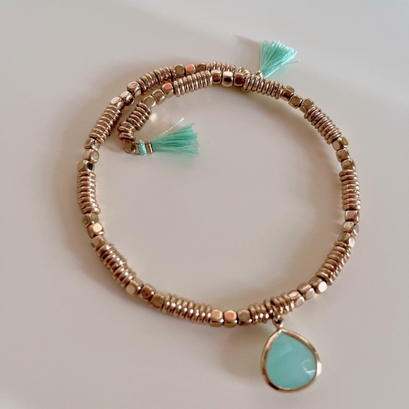 2/$20 ✨Francesca’s Gold Metal Coil Beaded Bracelet Turquoise Charms Tassel - Picture 2 of 5